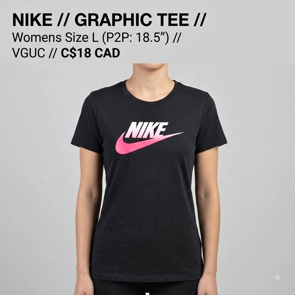 Nike Black Graphic T-Shirt Pink Ombre Swoosh Logo Womens Large
