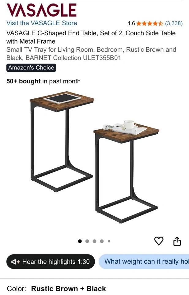 C-Shaped Set of 2 Side Table | Rustic Brown + Black - photo 3