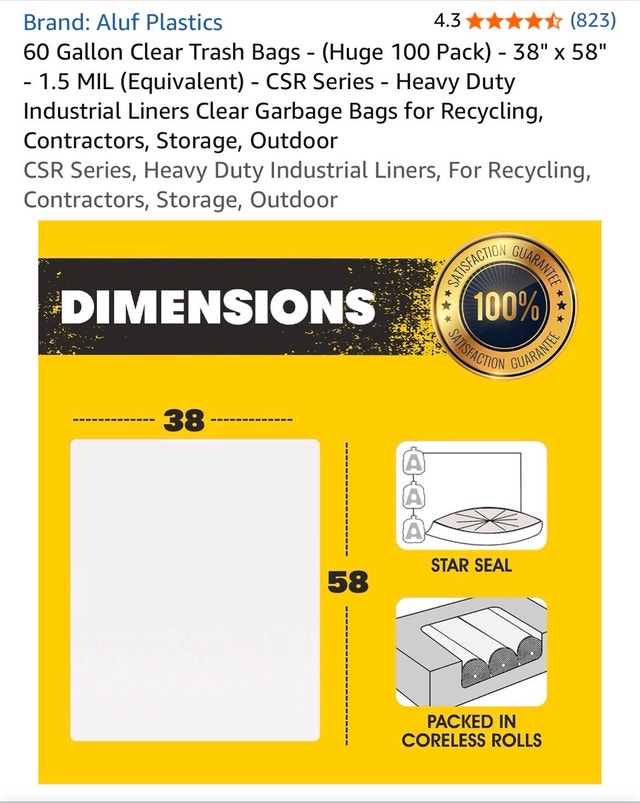 60 Gallon Clear Trash Bags - 100 Pack - 38" x 58" - 1.5 Mil - photo 2