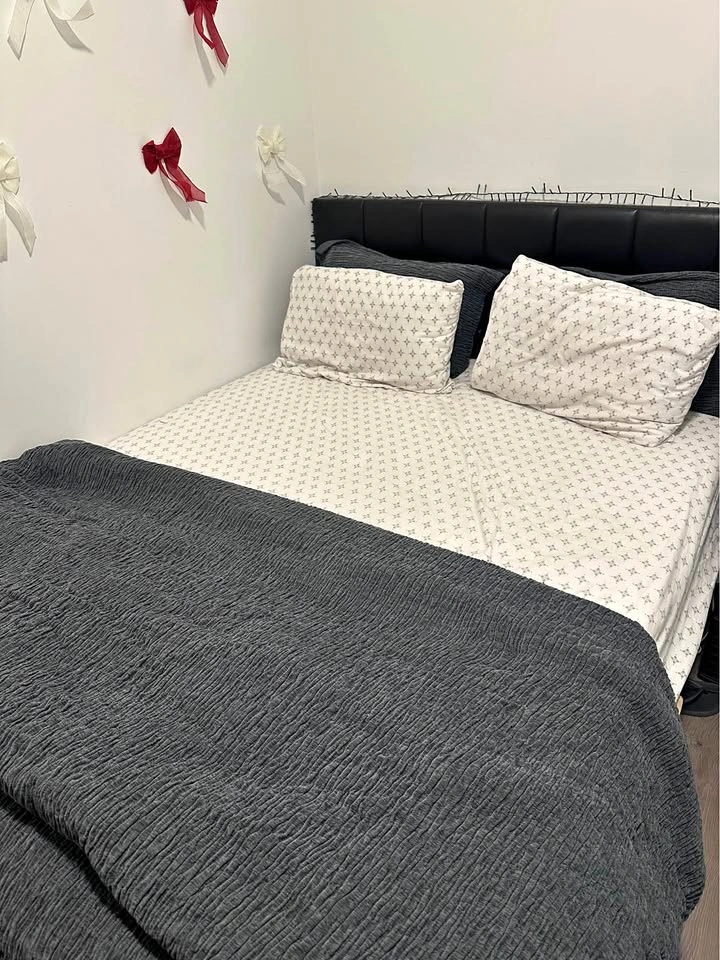 Queen Size Black Faux Leather Bed Frame & Mattress