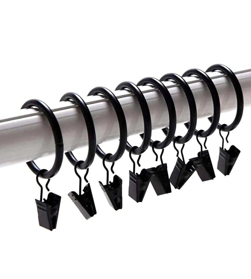 1" Black Metal Curtain Rings with Clips - 30 Pcs