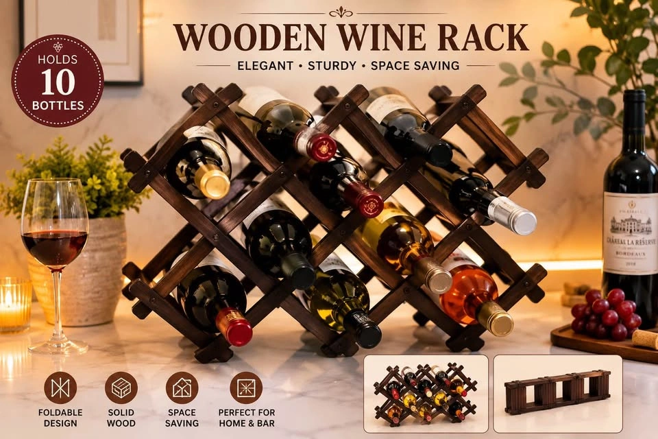 Wooden Folding Wine Rack – Holds 10 Bottles - photo 4