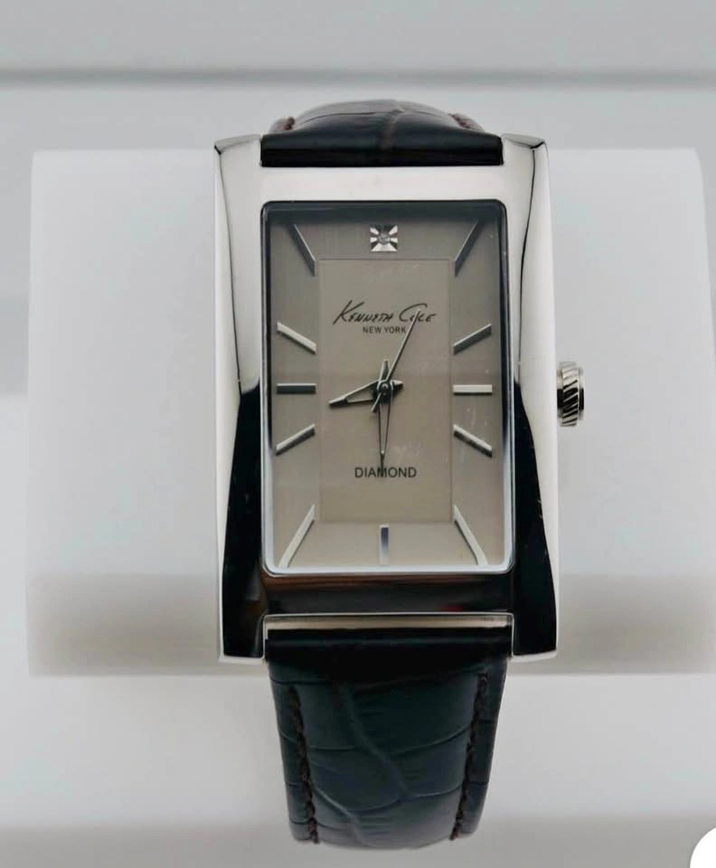 Kenneth Cole NY Diamond Accent Silver Rect. Dial Black Leather W
