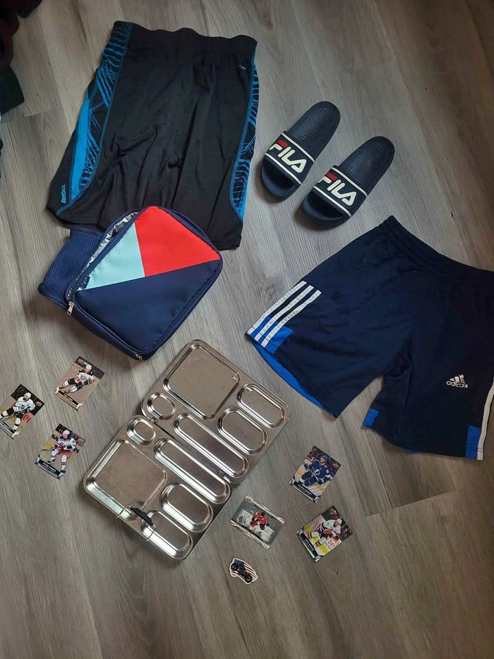Adidas & Reebok Shorts, Fila Slides, Lunch Bag, and Hockey Card