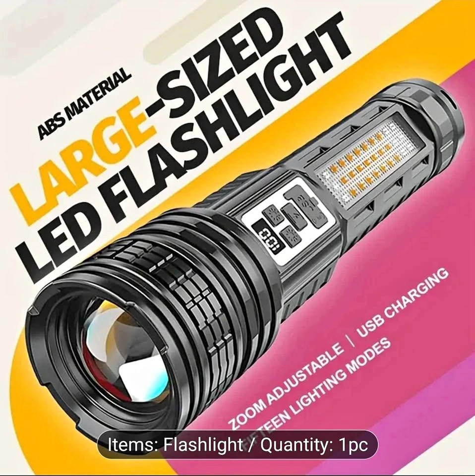 Large LED Handheld Flashlight, Zoomable, USB Rechargeable