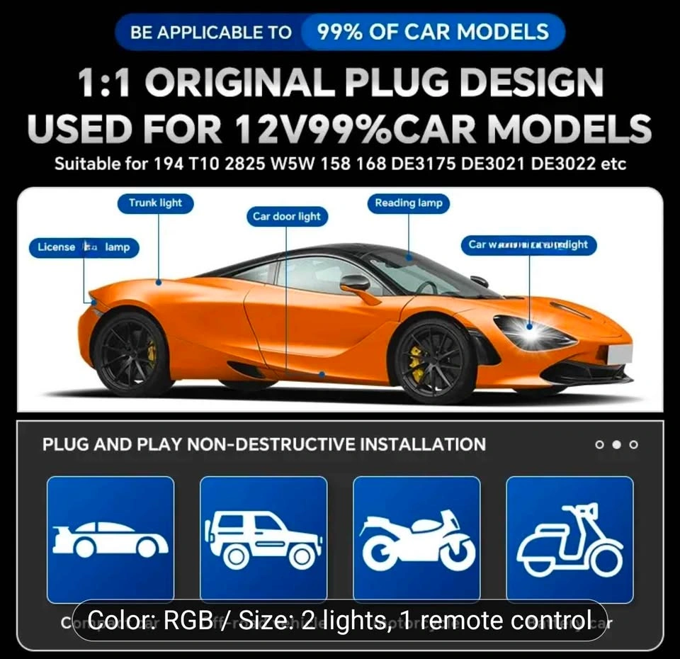 2pcs T10 Car Atmosphere Lights Color Adjustable - photo 5
