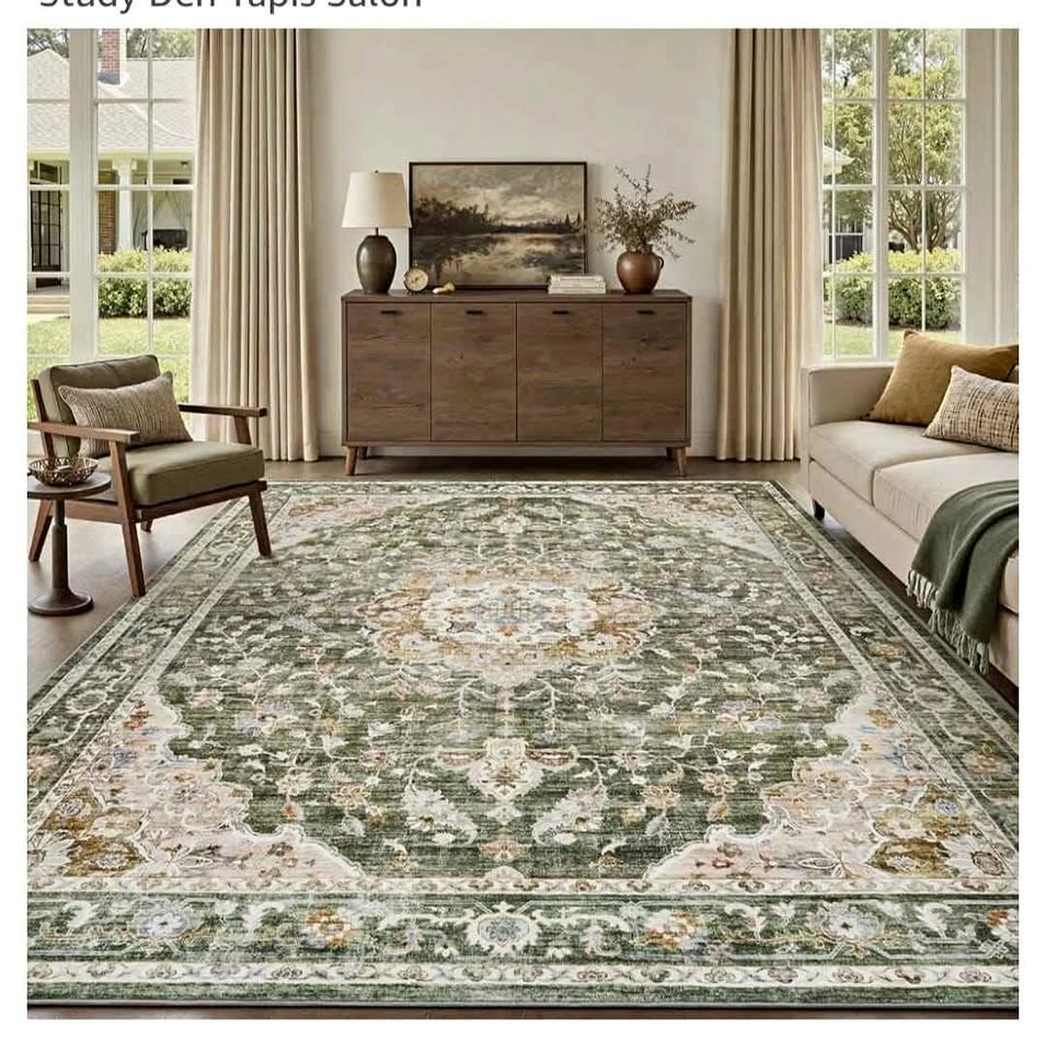 Olive Green Washable Area Rug 9x12 Vintage Floral