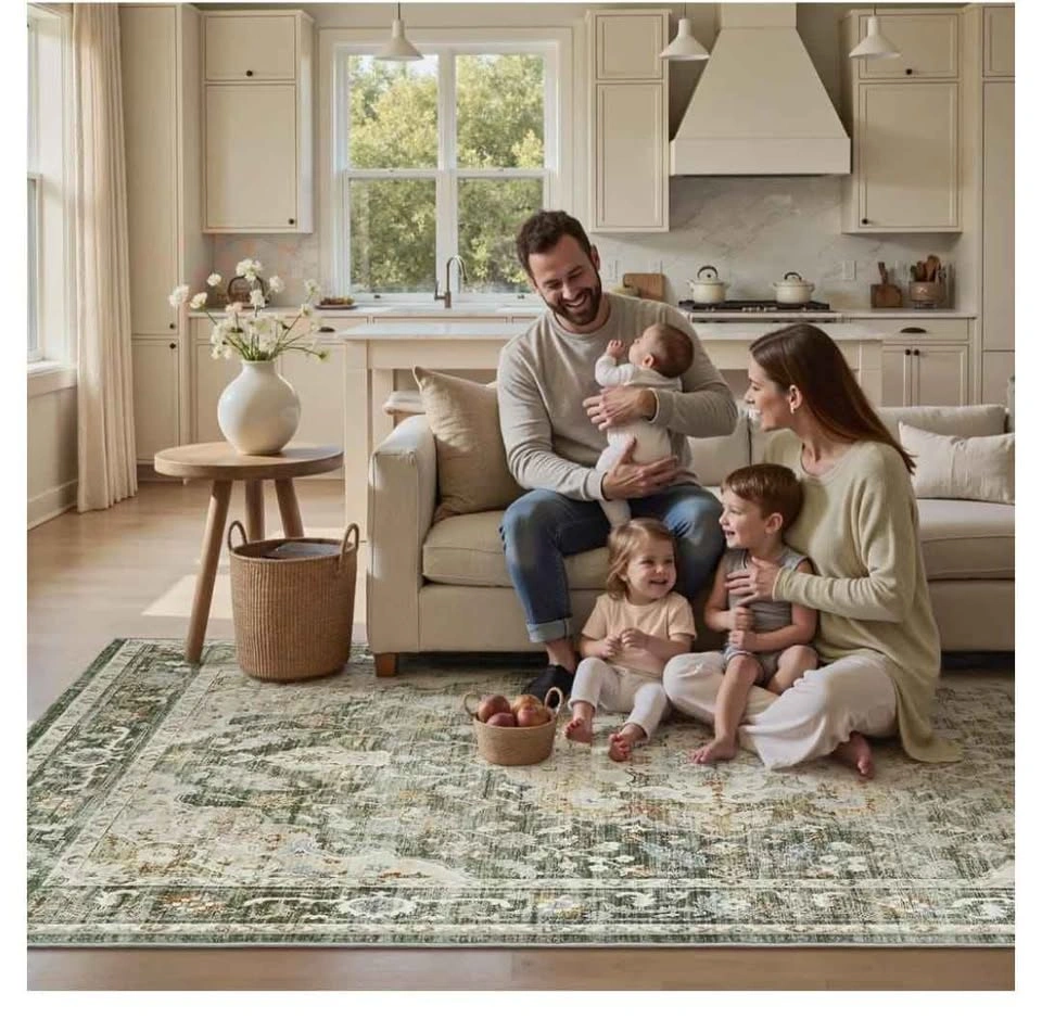 Olive Green Washable Area Rug 9x12 Vintage Floral - photo 3