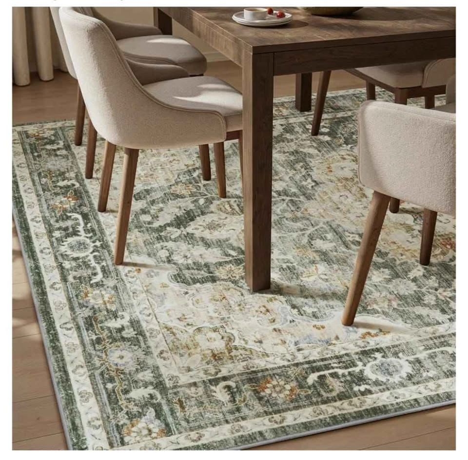 Olive Green Washable Area Rug 9x12 Vintage Floral - photo 4