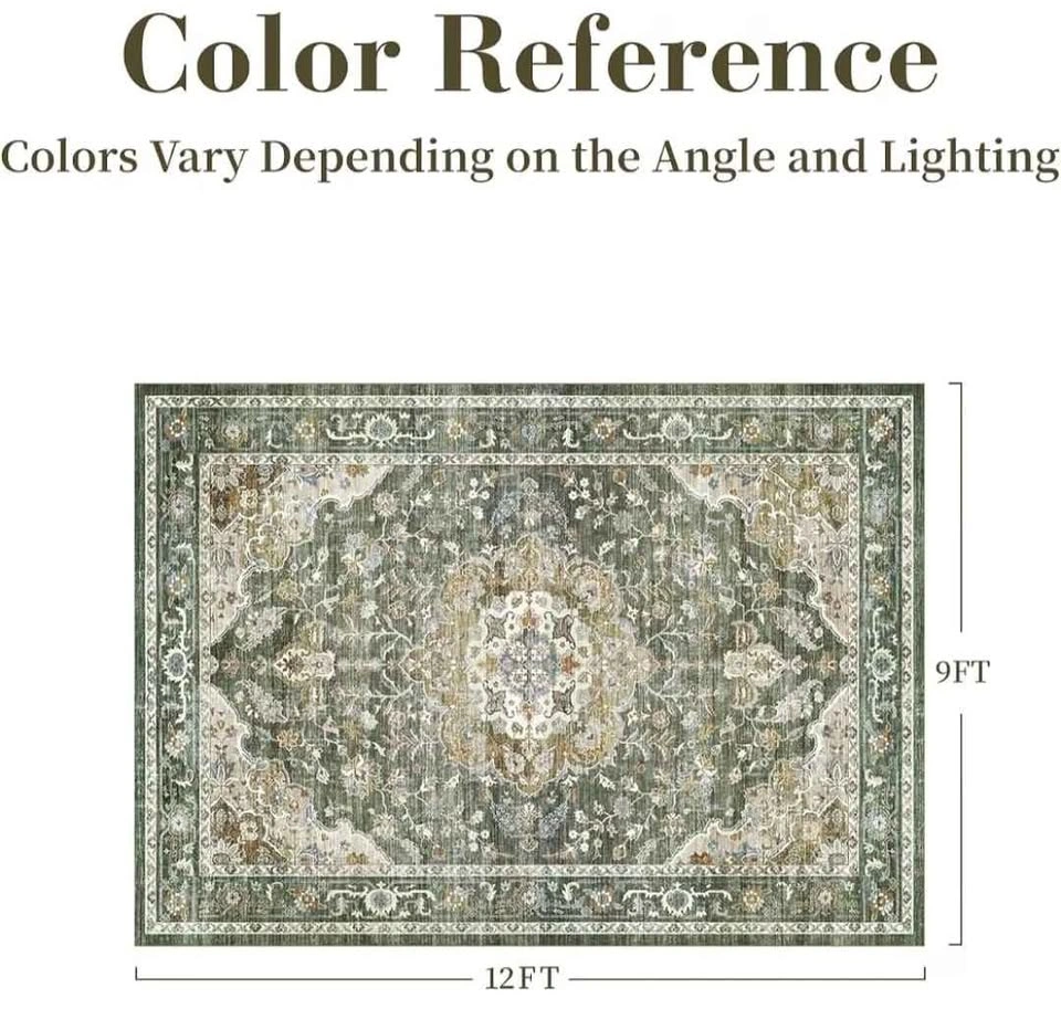 Olive Green Washable Area Rug 9x12 Vintage Floral - photo 5