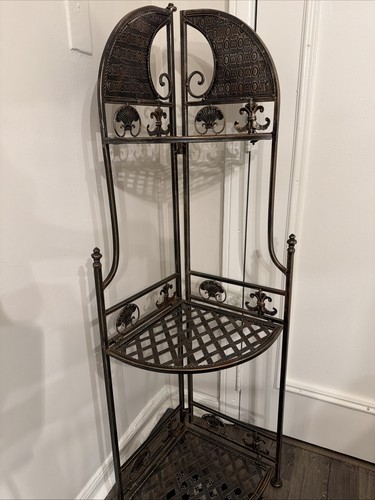 Vintage 3-Tier Folding Wrought Iron Corner Shelving Unit