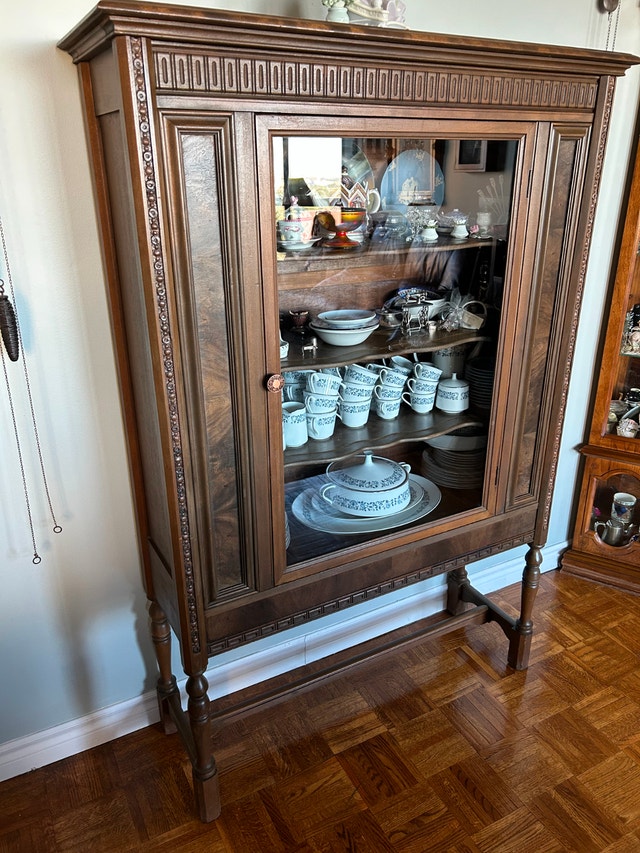Antique 1920s Jacobean Revival Walnut China Cabinet