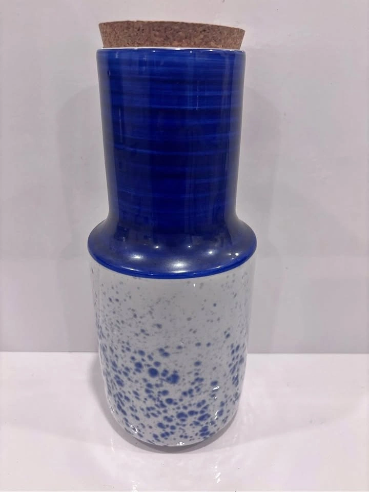 CMH handmade Portugal pottery canister cork lid blue & white