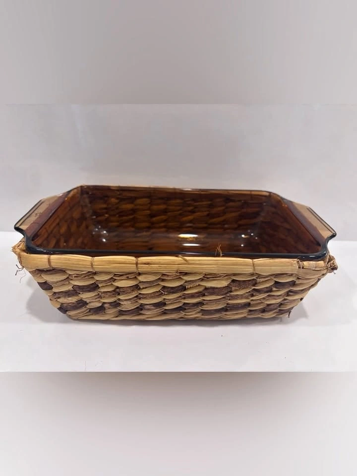 Vintage amber glass oven proof loaf pan w/ basket holder