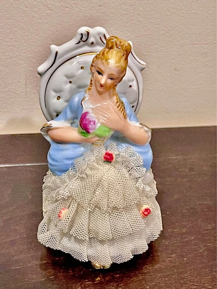Vintage Porcelain Lace Figurines | 1960s lady with flower