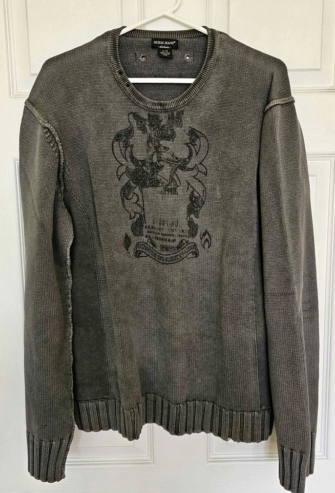 Guess Jeans Men's Y2K Gothic Crest Crewneck Cotton Knit Sweater
