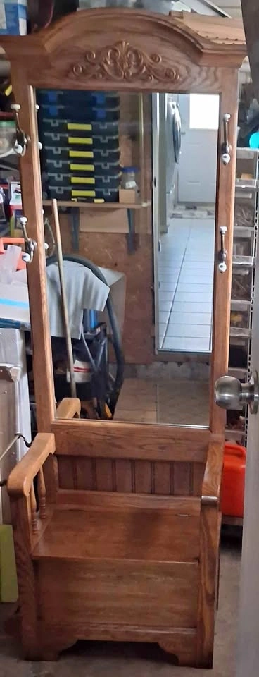 Vintage Oak Hall Tree with Storage Bench
