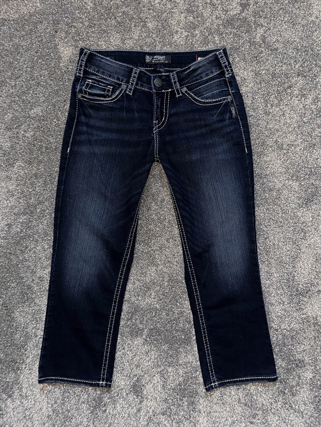 woman’s stretchy sliver jeans size 28W/22L