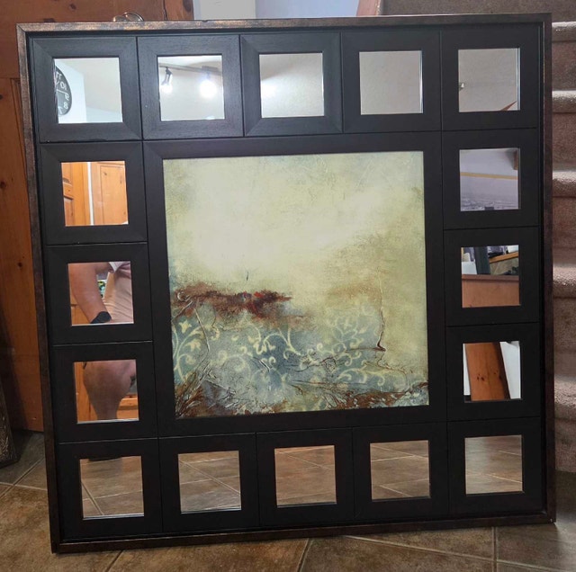 Large abstract artwork with a 16 grid mirror frame. 40 x 40 inch