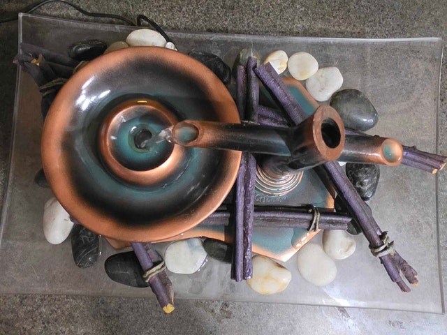 Zen tabletop water fountain on bed of river stones, bundle ties - photo 4