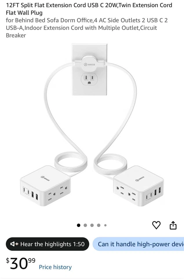 12FT Split Flat Extension Cord USB C 20W, Twin Flat Plug