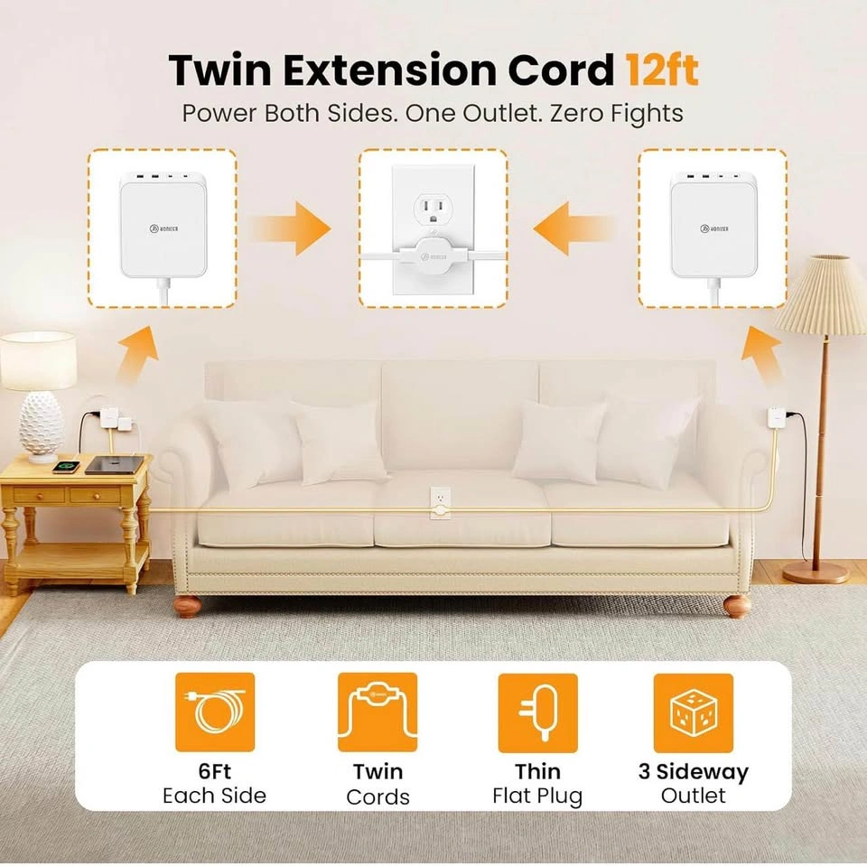 12FT Split Flat Extension Cord USB C 20W, Twin Flat Plug - photo 2