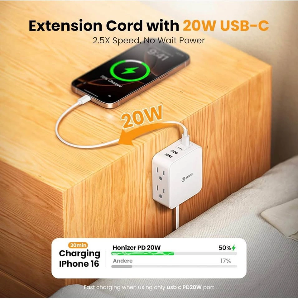 12FT Split Flat Extension Cord USB C 20W, Twin Flat Plug - photo 4