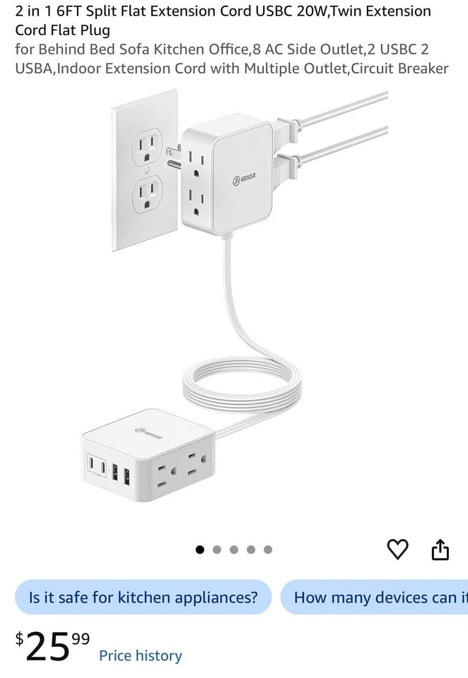 2 in 1 6FT Split Flat Extension Cord USB-C 20W