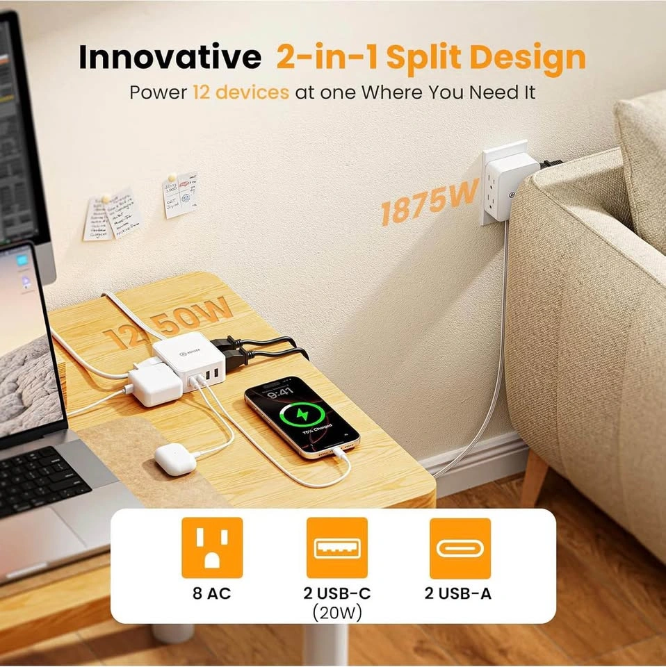 2 in 1 6FT Split Flat Extension Cord USB-C 20W - photo 2