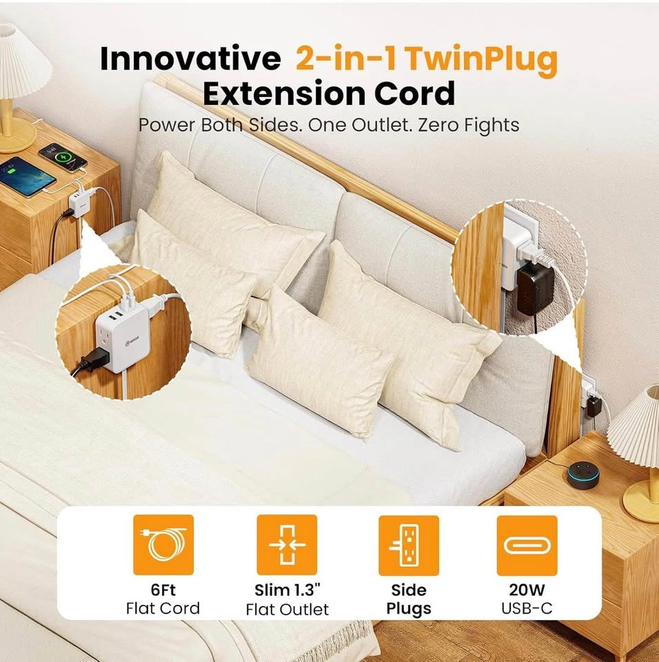 2 in 1 6FT Split Flat Extension Cord USB-C 20W - photo 5