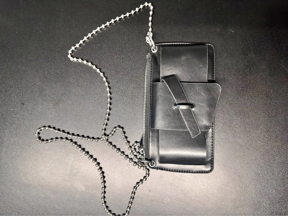 Black Faux Leather Crossbody Bag with Ball Chain Strap