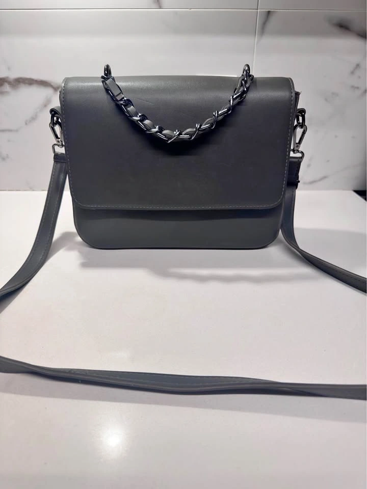 Grey Faux Leather Crossbody Bag