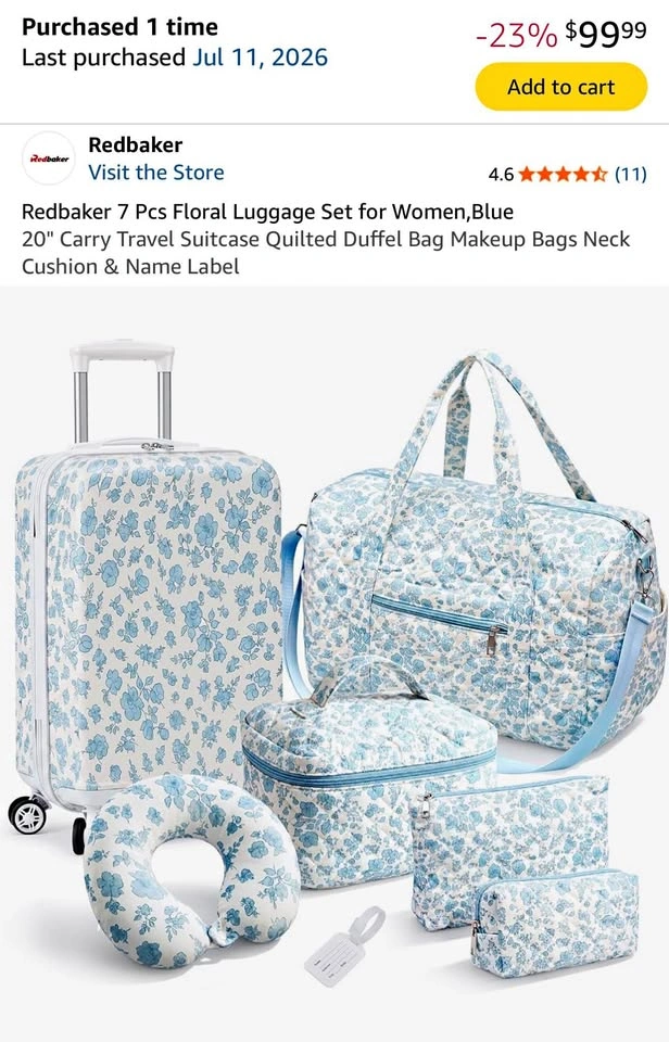 7 Pcs Floral Luggage Set for Women (Blue)