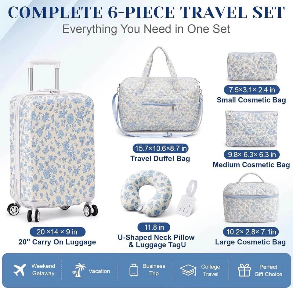 7 Pcs Floral Luggage Set for Women (Blue) - photo 2