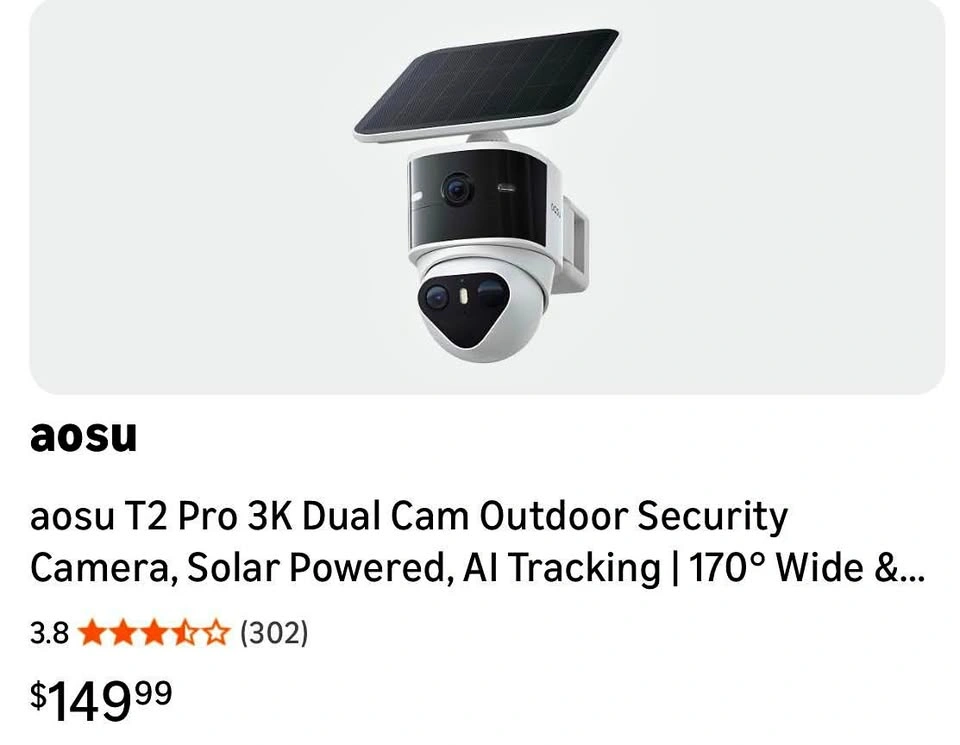aosu T2 Pro 3K Dual Cam Outdoor Security Camera, Solar Powered
