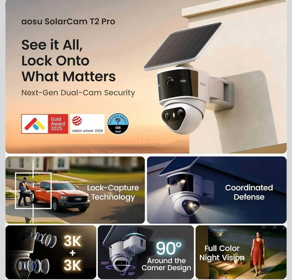aosu T2 Pro 3K Dual Cam Outdoor Security Camera, Solar Powered - photo 3