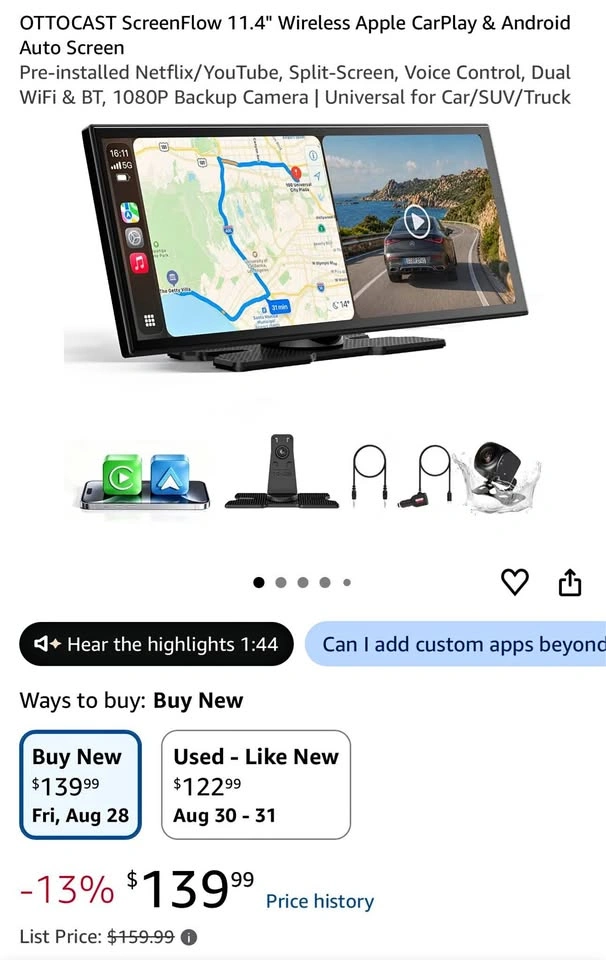 11.4" Wireless CarPlay & Android Auto Screen - Netflix/YouTube