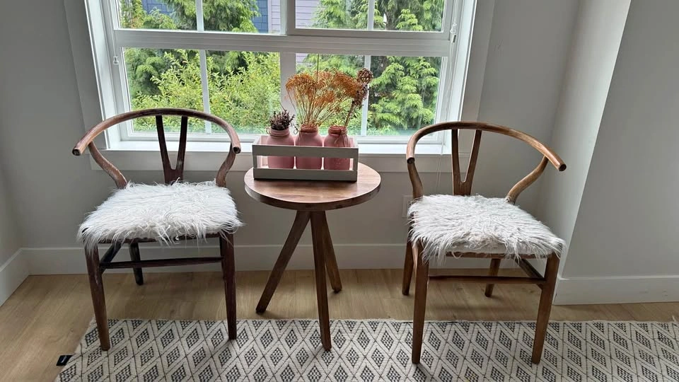 Pair of Wishbone Style Chairs and Round Wood Side Table