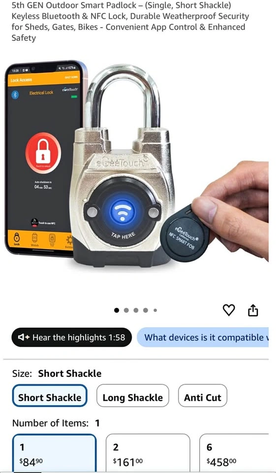 5th GEN Outdoor Smart Padlock – (Single, Short Shackle)