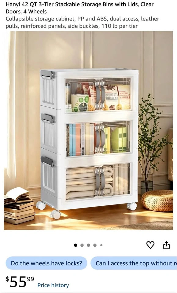 42 QT 3-Tier Stackable Storage Bins with Lids, Clear Doors, 4 Wh