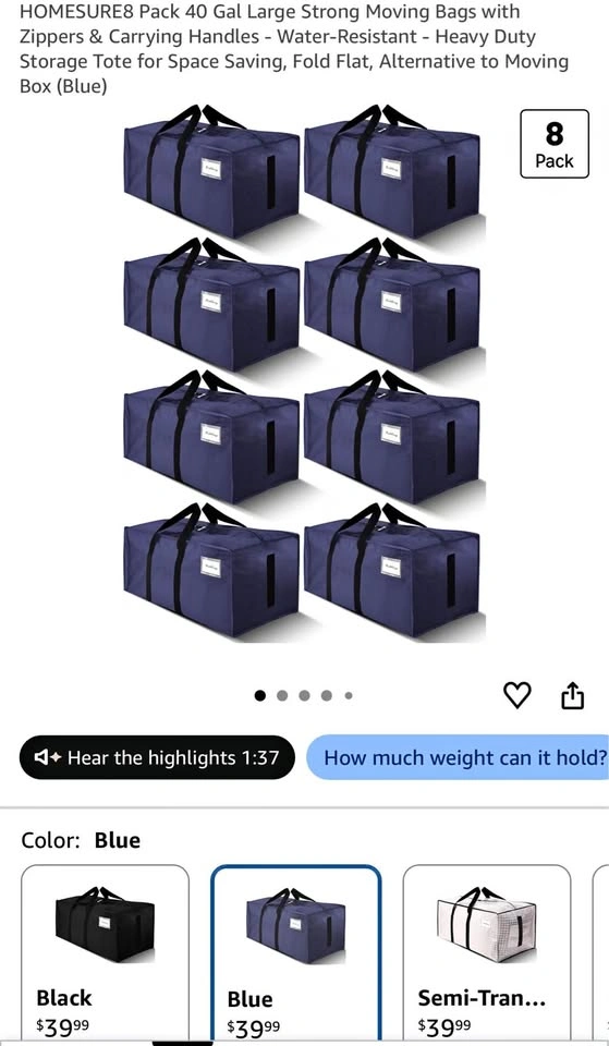 8 Packs 40 Gal Large Moving Bags with Zippers & Handles