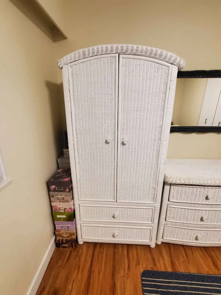 Wicker bedroom set: Armoire, dresser, chair. image indicator(2)