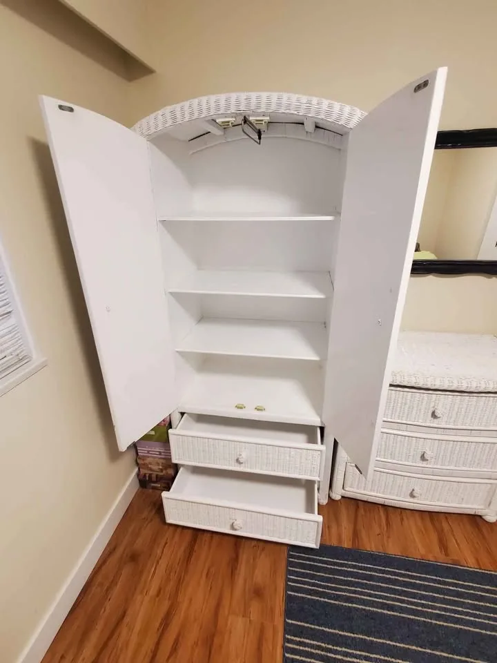 Wicker bedroom set: Armoire, dresser, chair. image indicator(3)