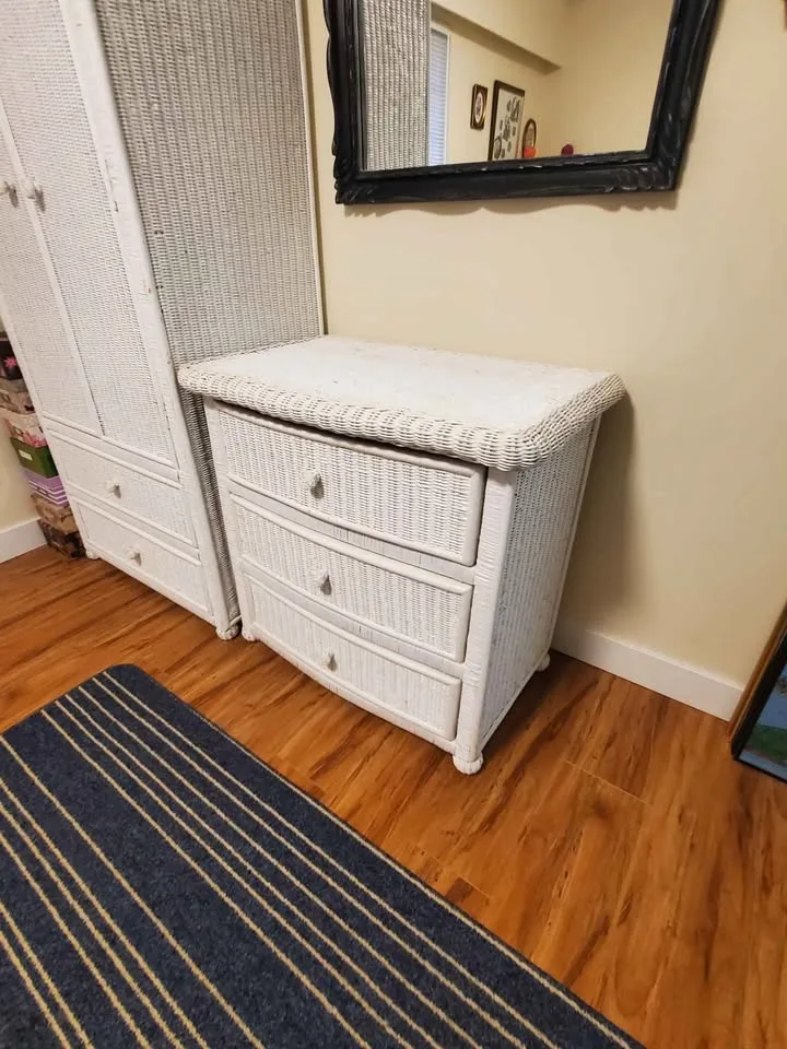 Wicker bedroom set: Armoire, dresser, chair. image indicator(4)