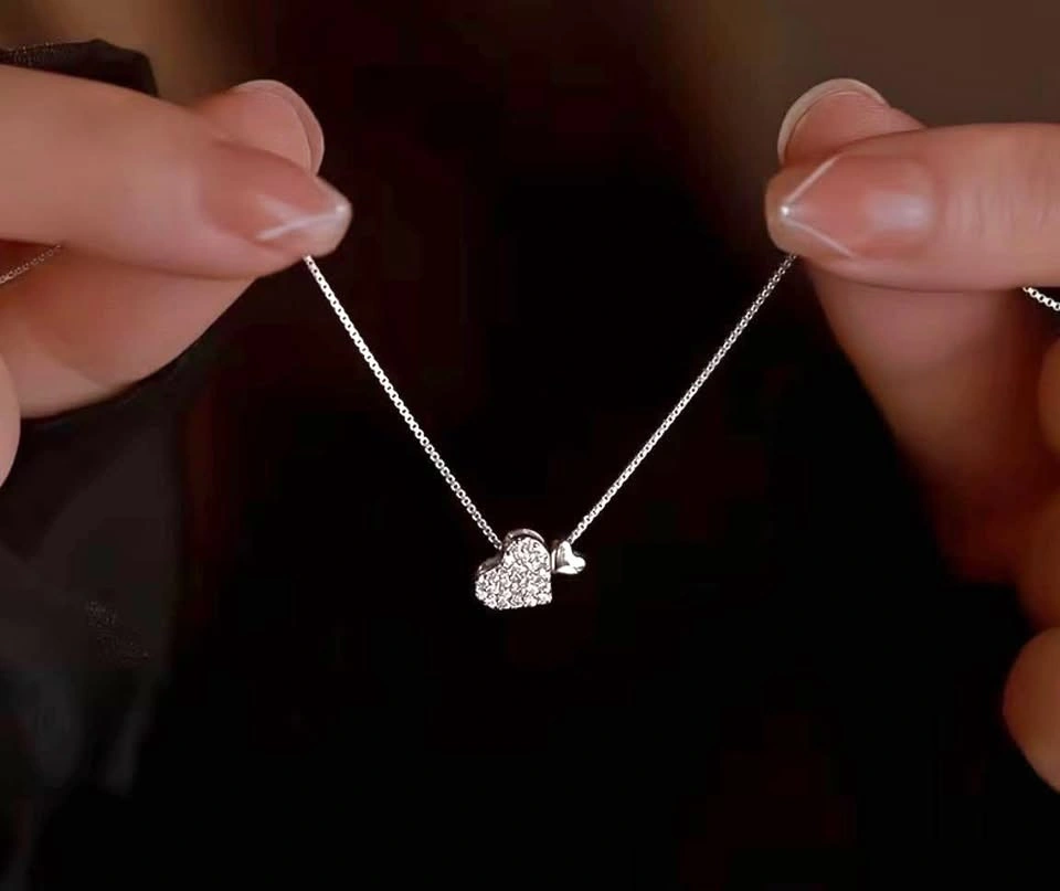 Silver Double Heart Pavé Necklace