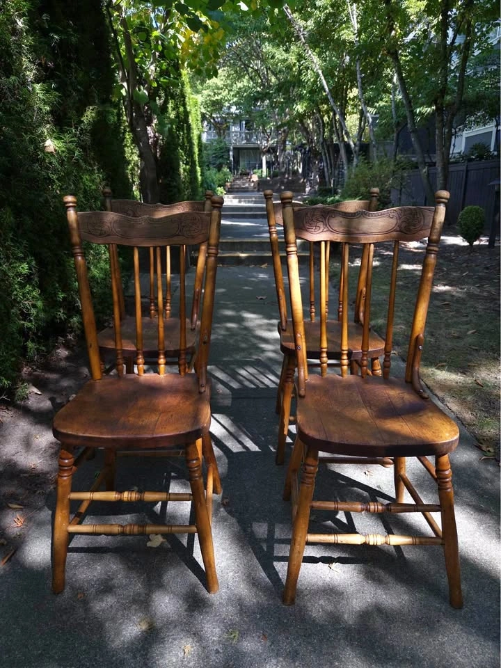 4 Vintage Pressback Wooden Dining Chairs