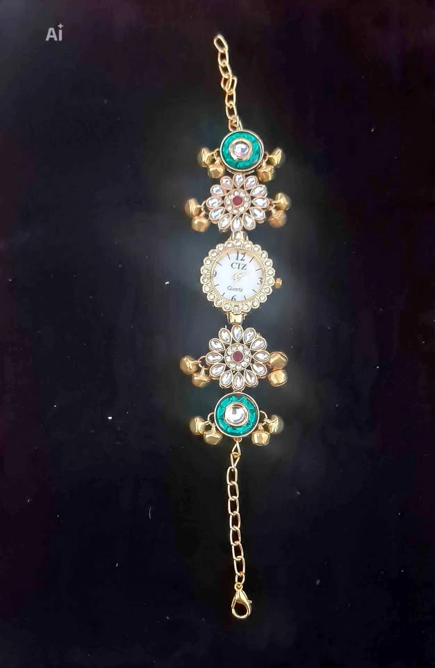 Ethnic Kundan & Emerald Green Kashmiri Bracelet Watch
