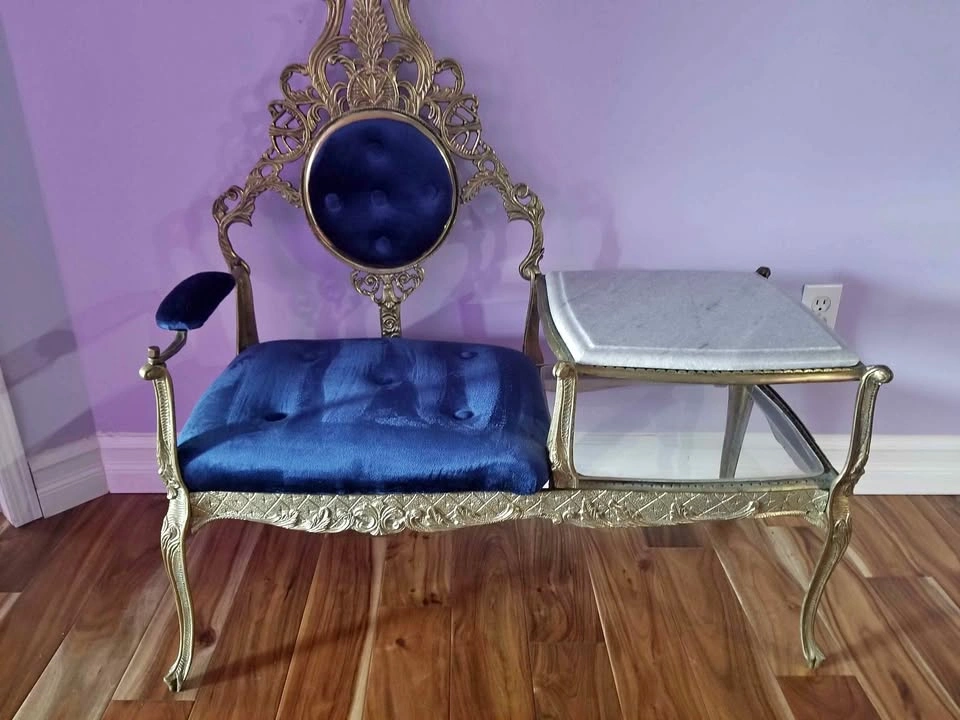 Antique Telephone Seat with Blue Velvet and Marble Top