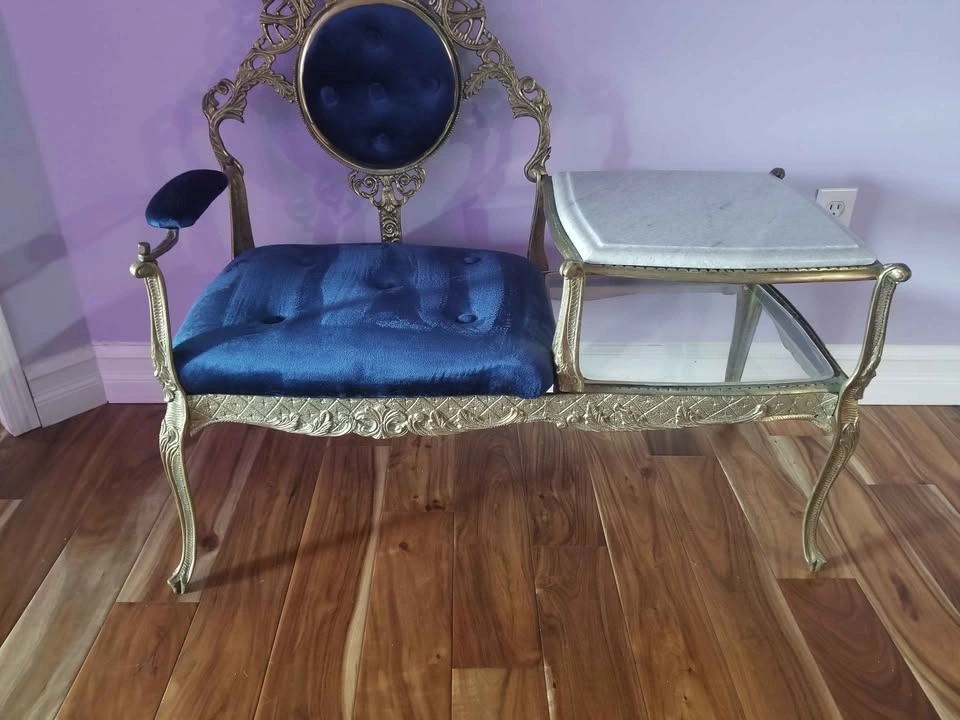 Antique Telephone Seat with Blue Velvet and Marble Top - photo 2