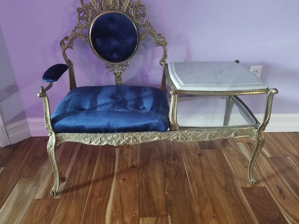Antique Telephone Seat with Blue Velvet and Marble Top - photo 3